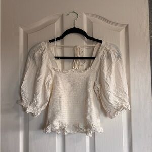 H&M Cream Smocked Puff-Sleeve Square Neck Top